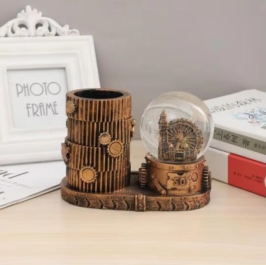 Sajani Music Crystal Snow Globe with Hourglass Timer, Vintage LED Crystal Ball Hourglass Timer, Home Decoration for Living Room, Bedroom, Book Shelf, Desktop Decor (Globe with Pen Holder)