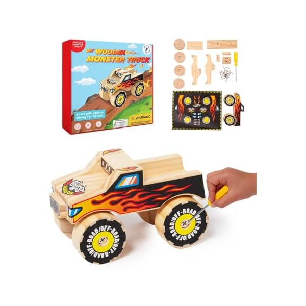 DIY Wooden Kits w/ Stickers – Kids Building Kit – Stem Building Toys – Wood Crafts for Kids – Building Kits for Kids – Woodworking Kits for Kids – Wood Building Kits for ages 4-7 (Monster Truck 1)