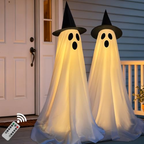 DAZONGE 2 Packs Halloween Decorations Outdoor Spooky Halloween Ghost Decor with Remote String Lights Battery Operated Easy to Assemble Ghost Decorations for Front Porch Yard