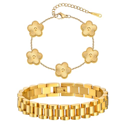Stackable Gold Floral Bracelets Set , 2pcs 18K Gold Plated Bracelet Non-Tarnish,Stainless Steel Link Chain Friendship Bracelet,Watch Band Trendy Jewelry,Christmas Valentines Birthday Gifts for Women