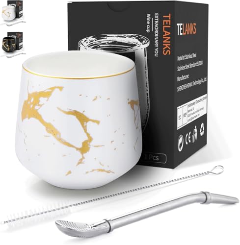 Trendiger Mattbecher, 200 ml, Yerba-Keramikbecher, Tassenset mit Glühbirne aus Edelstahl und Reinigungsbürsten (weiß)