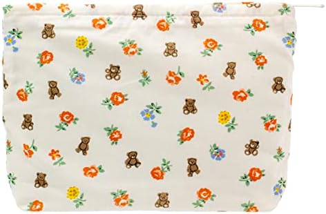 Makeup Bag Large Zipper Make Up Pouch for Purse Travel Canvas Cosmetic Organizer for Women Brush Storage,Flower Bear White