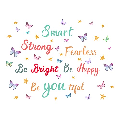 SUPERDANT Colorful Inspirational Wall Decals Smart Strong Happy Beautiful Wall Stickers with Butterflies Stars Wall Decor for Nursery Kindergarten Bedroom Living Room