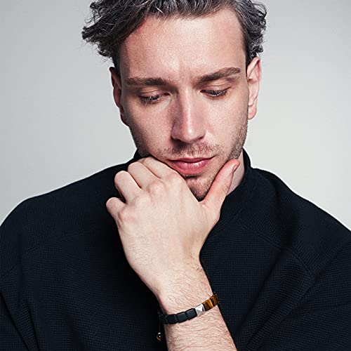 Awnl Men's Black Onyx Tiger Eye Woven Drawstring Flatbead Bracelet With Sterling Silver Centre Charm Pyramid (9.5Mm Stone), 6.7"-7.5" #TOP3