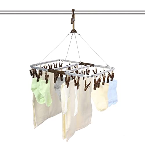 ANVINKU Aluminum 32 Pegs Folding Sock Drying Rack, Windproof Hook, Underwear & Baby Clothes Airer (Dark Brown) - Image 7