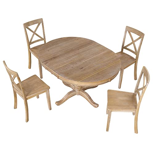 Dining Set for 4, with Wooden Extendable Round Table and Kitchen Chairs, 5-Piece Family Farmhouse Furniture, for Dinette, Breakfast Nook, Living Room, Natural Wood Wash by Voohek - Image 7
