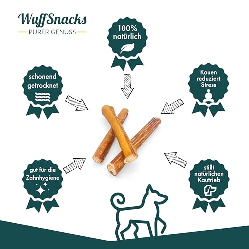 Ochsenziemer für Hunde I 10 Stück I 12 cm I natürliche und hochwertige Ochsenziemer Stücke I Bully Sticks I fettarm und proteinreich I Kauartikel zur Zahnpflege von Wuffsnacks