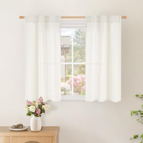 BGment Short Ivory Linen Curtains 40 Inches Long for Kitchen Windows, Small Textured Half Drapes Rustic for Cafe Over Sink Rod Pocket and Back Tab Light Filtering, 2 Panel, Each Panel 24 Inch Wide