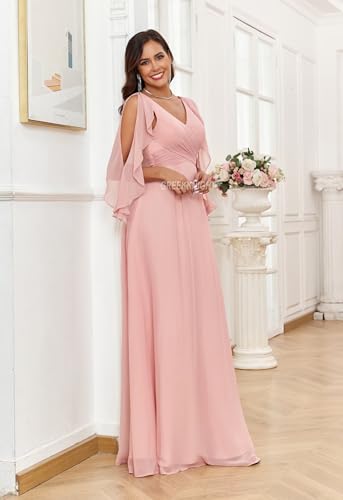 Cold Shoulder Bridesmaid Dresses with Sleeves for Women V Neck Chiffon A Line Pleated Formal Evening Gown2