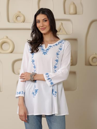 Image of QAZMI Women Kashmiri Aari Embroidered A-Line Viscose Rayon Short Kurti with Full Sleeves
