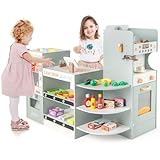 GOPLUS Kinder Kaufladen, Kaufmannsladen Holz mit Kasse, Kaffeemaschine, Ofen, Verkaufsautomat, Regalen inkl. Zubehör, Supermarkt Spielzeug Set, Einkaufsladen Kinder für Jungen & Mädchen ab 3 Jahren