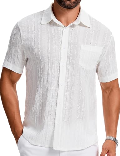 Mens Beach Shirt Wrinkle Free Hollow Shirts Short Sleeve Button Down Shirts Tropical Tops3
