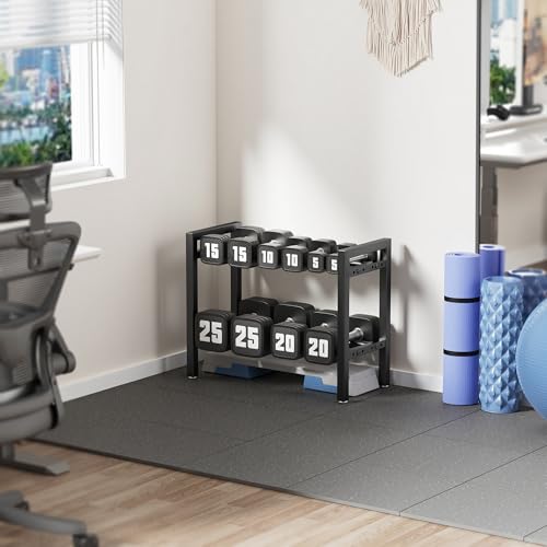 Support d'haltères, à 2 niveaux, réglable, capacité de charge de 400 lb, pour haltères Kettlebell pour la salle de sport à domicile (support uniquement) – Image 3