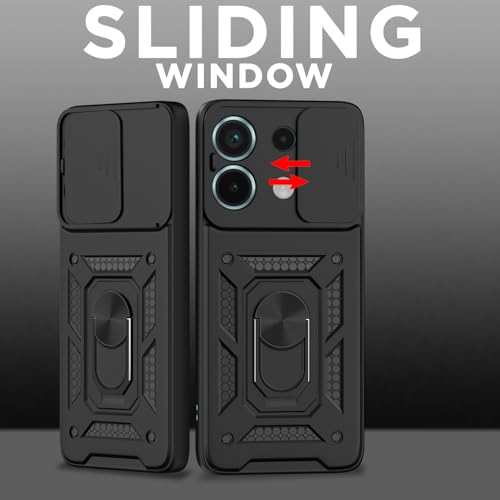 Image of Outlouders Back Cover for Redmi Note 13 Pro 5G / Poco X6 5G | D10 Tough Armor 360 Protection Case with Sliding Camera Shield & Ring Holder Stand Bumper Case (Black)