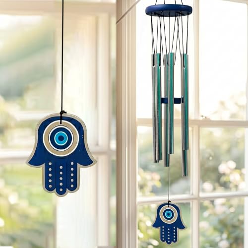 Image of Amazon Basics Premium Aluminium Evil Eye Wind Chimes for Home, Balcony & Garden |Soothing Melodic Sound | Decorative Hanging Gift | Color: Silver | Material: Aluminum | Size: 65L x 9 W x 9H cms
