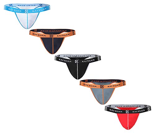 ARCITON Men's Low Rise Soft Bulge Thong Stylish Striped Pattern Mesh T-Back Mens Underwear Large(Waist: 30"- 32") 5 Colors/Pack