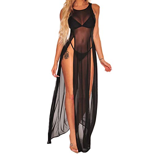 Women's Sexy Lingerie Sleepwear Night Gown Mesh See Through Slit Maxi Dress Bikini Cover Up