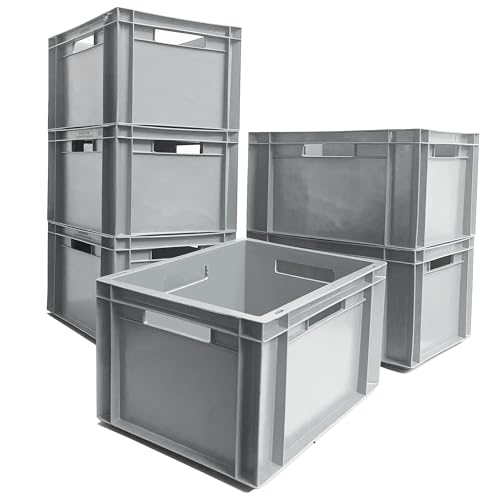 AUTORCE 6x 20L Heavy Duty Plastic Storage Boxes – Industrial Euro Stacking Containers 400x300x230(h) mm – Durable Stackable Crates for Tools, Garage, Warehouse, Home & Commercial Use (Grey)