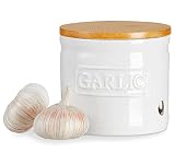 ONEMORE Garlic Keeper with Lid, Ceramic Garlic Saver 4 inch, White