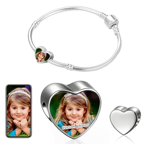 Personalised Photo Charm Bracelet, Custom Picture Heart Bead, Bracelets and Pendants, Birthday Gifts for Mum, Wife, Girlfriend, Baby Keepsake, Cat Dog Bracelet (style 1)