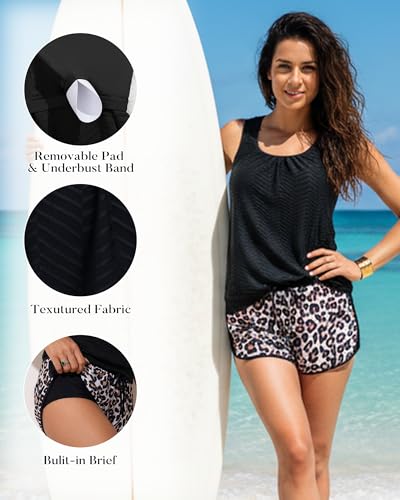 Image of Aidonger Women's Tankini Swimsuit Modest Two Piece Bathing Suit Tummy Control Athletic Blouson Tank Top with Short Bottoms