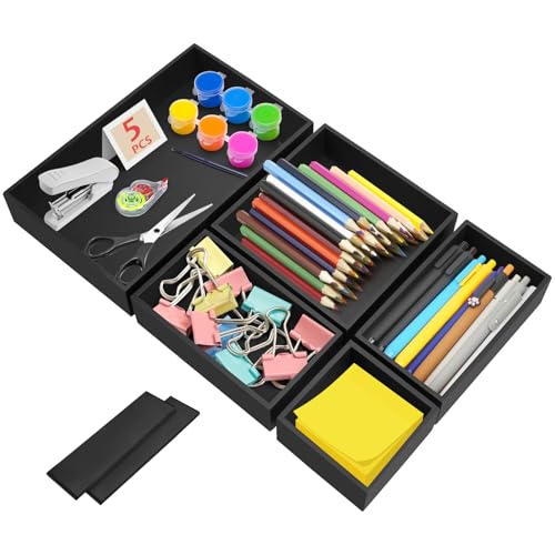 MAIJIAJU 5 Piece Bamboo Drawer Organiser 5cm Height, Multi Size Desk Cutlery Drawer Organiser Storage Box, Versatile Stationary Makeup Wardrobe Storage Box for Kitchen Bathroom Office (Black)