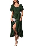 Womens Smocked Empire Waist Maxi Dress Sweetheart Neckline Flutter Sleeve Swiss Dot Elegant Cute Dresses Button Down Green