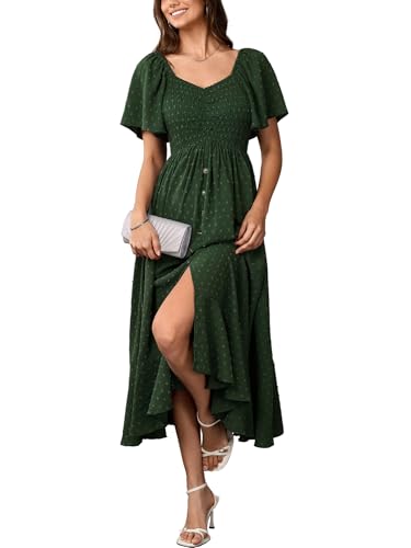 Image of Womens Smocked Empire Waist Maxi Dress Sweetheart Neckline Flutter Sleeve Swiss Dot Elegant Cute Dresses Button Down