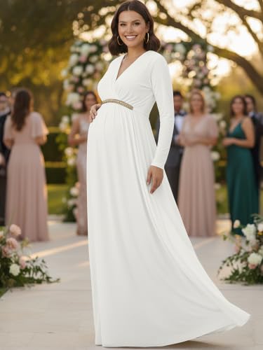 Image of KOH KOH Womens Maternity Long Sleeve V-Neck Flowy Winter Maxi Dress Gown