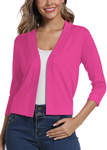 Exchic Women's Cropped Shrug Cardigan 3/4 Sleeve Open Front Cardigan Sweater (S, Rose) #TOP18