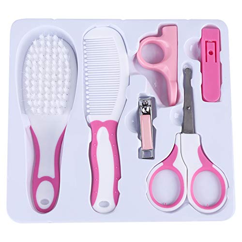 6 Sential Pieces Baby Hair Brush Hair Comb Nail Clippers Scissors Cover Nail Care Kit with Arc Head for Protect Baby Hands from Fatigue Portable Kit (Roseate)