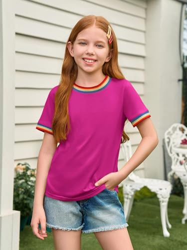 Image of Haloumoning Girls Short Sleeve T-Shirts Summer Rainbow Tops 5-14 Years | Kids Basic Tees, Rainbow Trim Ringer Tees, Crewneck Tops, Casual, Loose Fit