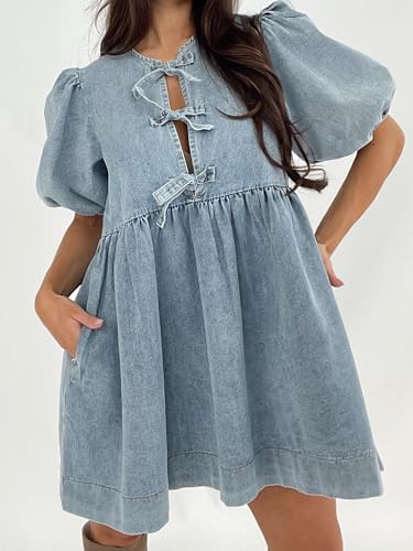 Image of Women Tie Front Denim Dress Round Neck Puff Sleeve A-line Mini Jean Dress with Pockets