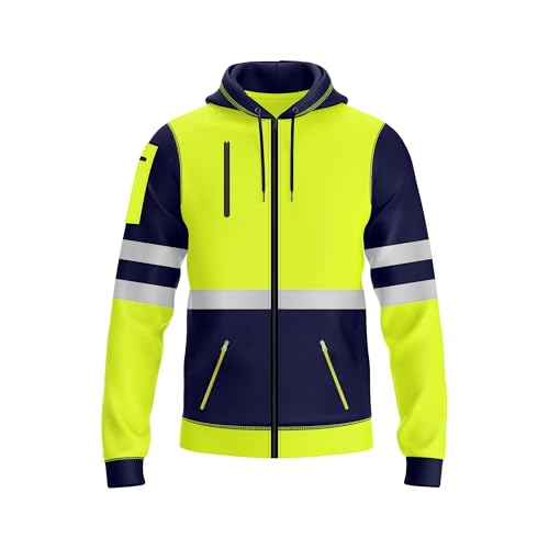 NOROZE Herren Kapuzenpullover mit Reißverschluss vorne reflektierend hohe Sichtbarkeit Sicherheitsmantel Taschen Sweatshirt Jacke (XXL, Stil 1: Neongrün/Marine)
