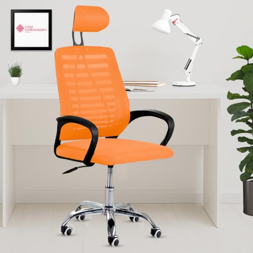 Image of Casa Copenhagen,Mesh Office Desk Chair,Rocking Ergonomic Computer Chair Adjustable High with Headrest and Comfortable Armrest Swivel -Orange & Coal Black Handle