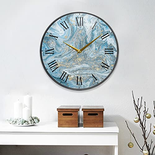 Beeplus Blue Gold Marble Round Glass Wall Clock Non Ticking Decorative 11.9 Inch Decorative Clock Art For Bedroom Living Room Kitchen School #TOP3