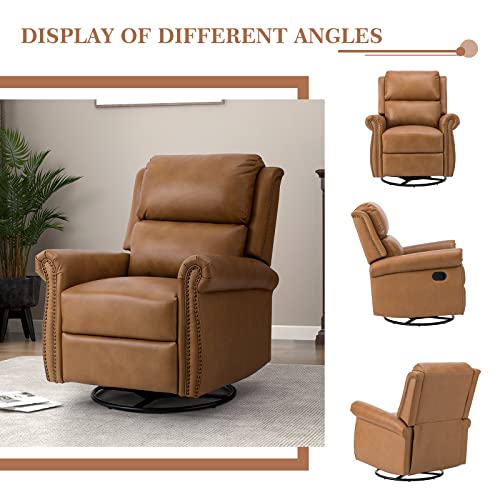 Hulala Home Genuine Leather Manual Swivel Glider Recliner Set Of 2, Wingback Rocker Recliner Chair With Nailhead Trim, Armchair Sofa 360 Degree Swivel For Living Room,Camel #TOP3