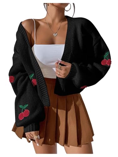 Image of GORGLITTER Women's Cherry Cropped Cardigan Sweaters Open Front Long Sleeve Cute Chunky Knit Short Cardigan Trendy
