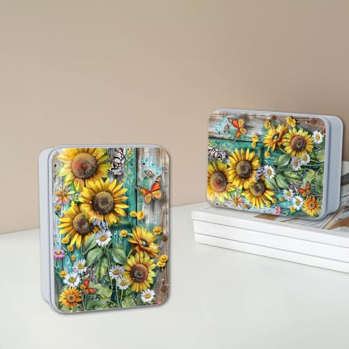 Image of Metal Tin Box with Lid, Sunflowers Daisies and Butterflies | Multi-functional Storage, Large Box, Can Store Tea Biscuits Game Cards Playing & Tarot Cards