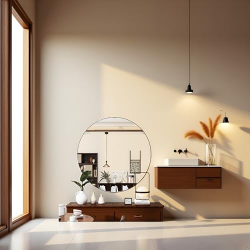Image of Round Wall Mirror with Durable Wooden Frame - 30 inch (White) | Modern Decorative Wall Hanging Mirror for Bathroom, Bedroom, Basin, Dressing Table, Entryway & Home Interior Decor
