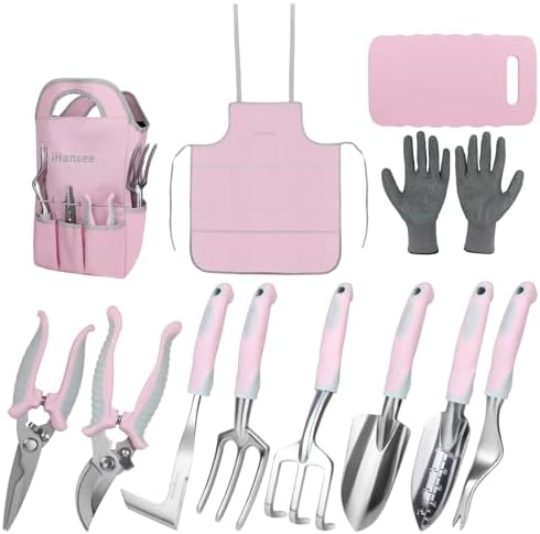Pink Garden Tool Sets 12 Pieces, iHansee Aluminum Gardening Hand ...