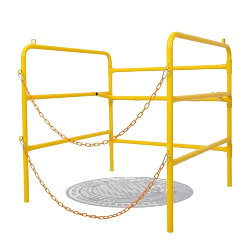 Steel Manhole Guard Rail, Collapsible Safety Railing with Hooking Chains for Confined Space, Sewer, Tank - Portable Foldable Safety Guard Rails for Construction Site Pit, 33"×33"×33", Yellow