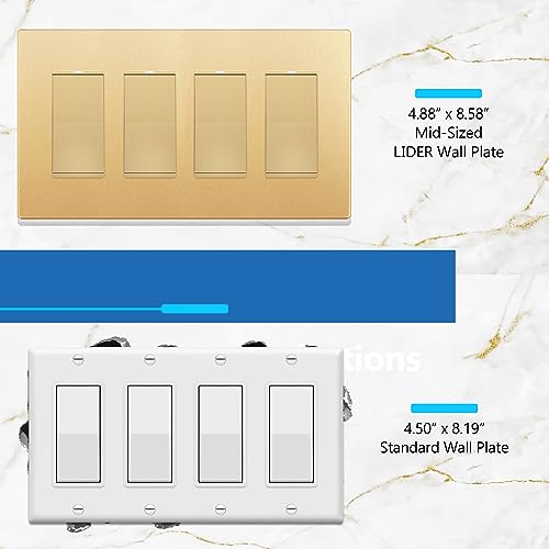 Image of LIDER Decorator Switch Cover, Screwless Wall Plate, Mid-Size 4-Gang 4.88 inch x 8.58 inch, LSWP-34M-GD, UL Listed, Thermoplastic, Matte Gold, 1-Pack