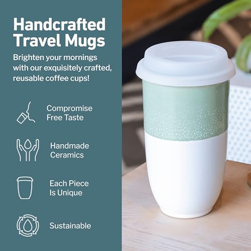 Image of NOVA CERAMICS Travel Mug - Tea Tumbler- Microwave & Dishwasher Safe Coffee Mug Green & White Tumbler - Gifts For Women Men Him Her - 16oz - Sage Green