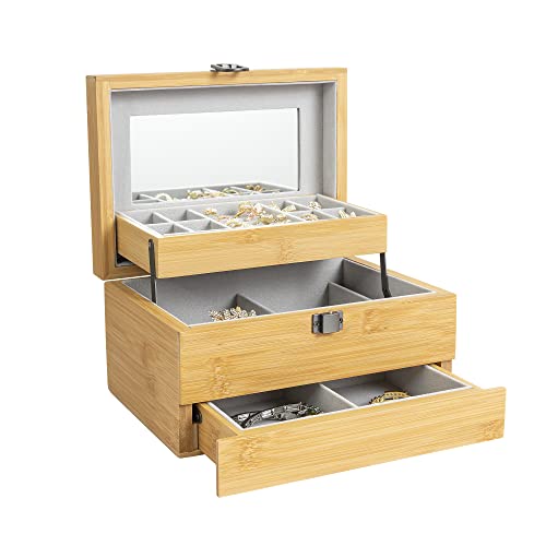 Yoayo Natural Bamboo Jewelry Box With Mirror 3 Layers Jewelry Organizer With Lock Jewelry Storage Box For Girl Women's Gift #TOP8