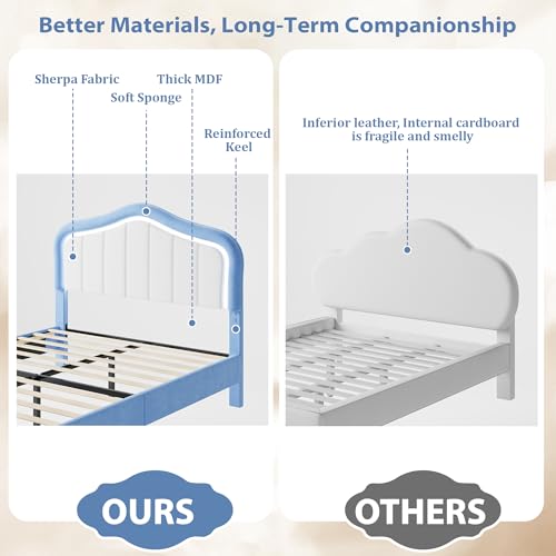 GarveeHome Upholstered Twin Bed Frame with Led Lights and Storage Drawer, Cute Velvet Led Bed Frame with Headboard for Kids, Girls, Boys, No Box Spring Needed, Wooden Slats, Noise Free, Blue