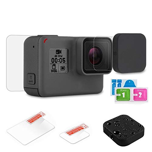 micros2u Protector de Vidrio Templado Ultra nítido 9H para objetivo + Protector Pantalla LCD + Tapa de Objetivo de silicona suave. Compatible con GoPro Hero, Hero 7, 6, 5 y cámaras de acción