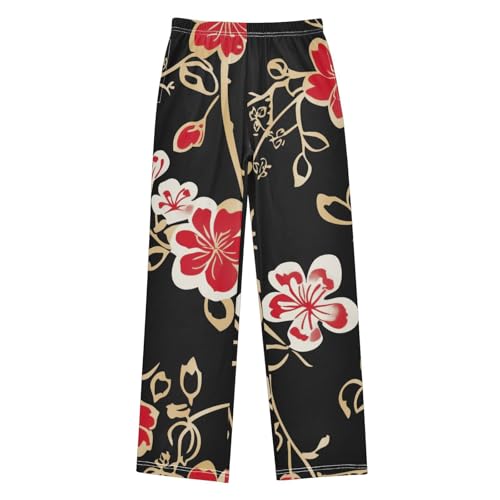 Plum Flowers and Leaves Boys Long Pants Soft Trousers Elastic Waist Kids Lounge Bottoms with Pockets S-XL