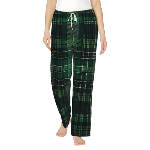 Pantalon de pyjama en polaire tartan vert pour femme - Coupe droite et douce