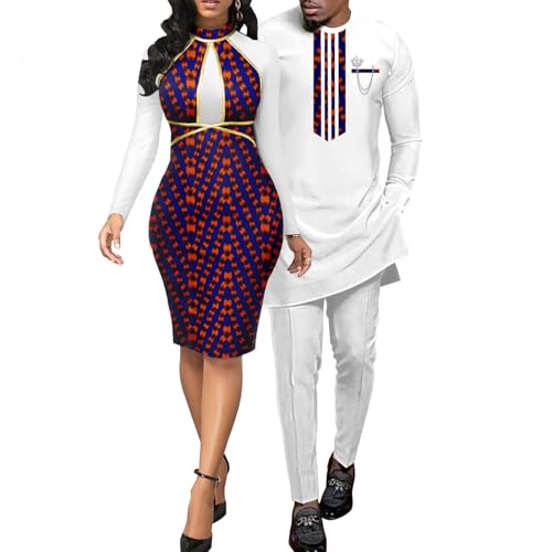 African Couples Clothes Bazin Riche Women Dashiki Slim Dresses Match Men Outfits Top and Pants Sets